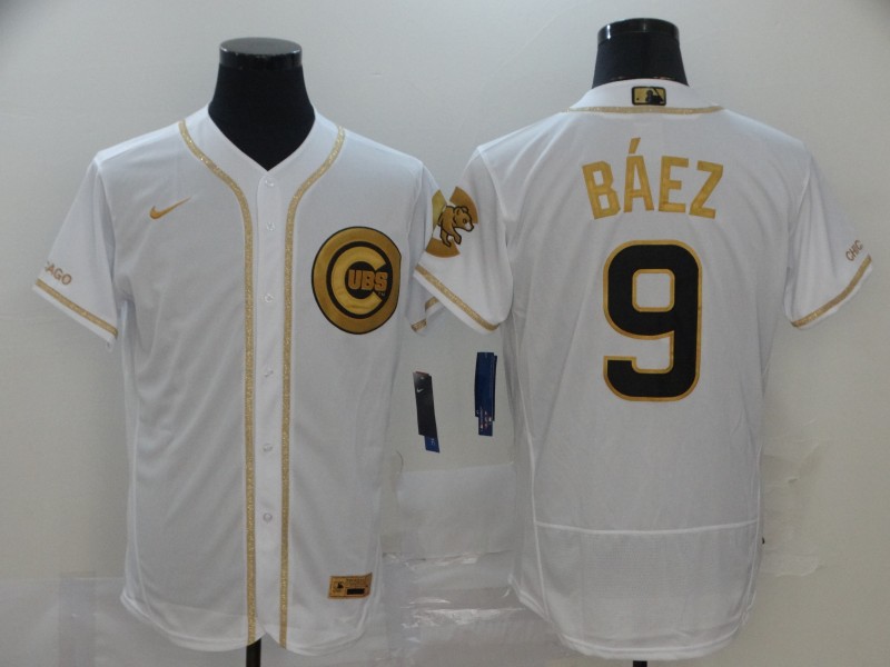 Men's Chicago Cubs #9 Javier Baez White Golden Flex Base Stitched MLB Jersey